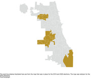 A map of Chicago's 50 wards, with 10 wards in the central northwest, central eastern section and southeastern corner shaded in to indicate they are part of the "United Center" political neighborhood.