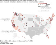 A map showing U.S. counties that include metro areas, shaded by whether the area has at least one abortion provider and what the median weekday wait time for an abortion in that county is. Wait times are shorter in New England and in Southern California, and large parts of the Midwest and South have no appointments available, did not provide information or ban abortion.