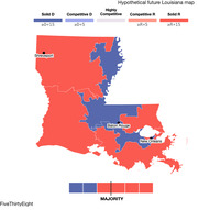 A map of a hypothetical Louisiana congressional map proposed during redistricting, with four Republican-leaning districts and two Democratic-leaning districts.