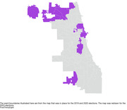 A map of Chicago's 50 wards, with 10 wards in the northwest corner, central eastern section and southwestern corner shaded in to indicate they are part of the "United Center" political neighborhood.