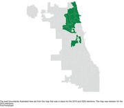 A map of Chicago's 50 wards, with 12 wards in the northeastern part of the city shaded in to indicate they are part of the "Boho-Chicago" political neighborhood.