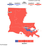 A map of Louisiana's congressional map that is at the Supreme Court, with five Republican-leaning districts and one Democratic-leaning district.