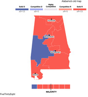 A map of Alabama's congressional map that was just thrown out by the Supreme Court, with six Republican-leaning districts and one Democratic-leaning district.