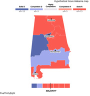 A map of a hypothetical Alabama congressional map, with five Republican-leaning districts and two Democratic-leaning districts.