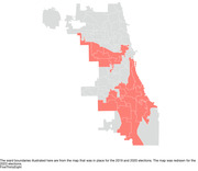 A map of Chicago's 50 wards, with 18 wards on the south and western sides of the city shaded in to indicate they are part of the "Spiritual South Side" political neighborhood.