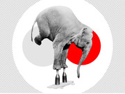 Editorial collage illustration of a black-and-white elephant balancing on bowling pins atop a platform, set against a white circle with a red circle accent.