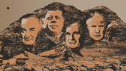 Editorial illustration styled like Mount Rushmore featuring four U.S. presidents carved into a rocky mountain in orange and brown tones.