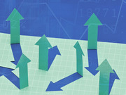 Editorial illustration showing green and blue arrows pointing in various directions on a grid surface with a blue background featuring faint chart graphics.