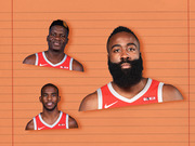Editorial illustration of three Houston Rockets NBA players in red Nike ROKiT jerseys on an orange lined background.