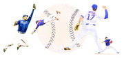 Editorial illustration of MLB baseball players including a Rays fielder, a diving player, Kris Bryant (#17 Cubs), and a Texas Rangers pitcher arranged around a large baseball graphic.