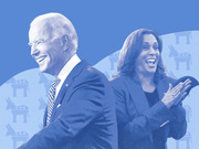 Blue-tinted editorial illustration of Joe Biden and Kamala Harris smiling, set against a background pattern of Democratic donkey and Republican elephant symbols.