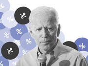 Editorial illustration of a grayscale photo of Joe Biden holding a microphone, surrounded by blue and black circles containing percentage signs.