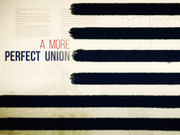 Editorial illustration styled as an American flag with bold dark stripes and the title text A More Perfect Union overlaid on a cream background with faint text.