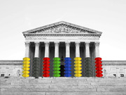 Editorial illustration of the US Supreme Court building in black and white with colorful stacked oval shapes resembling M&Ms or pills in front of its columns.