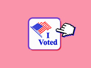 Editorial illustration showing an I Voted sticker styled as a clickable button being pressed by a pixelated computer cursor hand, on a pink background.