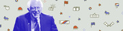 Editorial illustration of Bernie Sanders rendered in blue tones against a light background scattered with small political and campaign icons like flags, stars, and a White House.