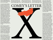 Editorial illustration showing the text COMEY'S LETTER in large bold type with a large black X marked through it with a red paint stroke, surrounded by article text.