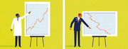 Editorial illustration showing a scientist pointing to an upward-trending chart on the left and a politician pointing to a downward-trending chart on the right.