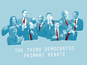 Editorial illustration in blue tones showing ten Democratic presidential candidates speaking at microphones, titled The Third Democratic Primary Debate.