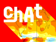 Stylized editorial graphic with large white text reading 'chAt' overlaid on a heat map of the Southern Hemisphere on a red background.