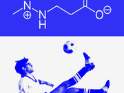 Editorial illustration combining a chemical structure diagram of beta-alanine or carnosine with a blue-tinted vintage photo of a soccer player doing a bicycle kick.