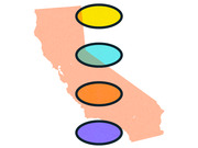 Editorial illustration of the state of California with four colorful oval shapes overlaid on it in yellow, teal, orange, and purple.