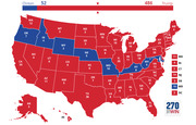 US Electoral College map showing Clinton with 52 electoral votes in blue and Trump with 486 electoral votes in red, with state-by-state electoral vote counts labeled.