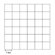 A 6x6 grid diagram with a scale indicator showing each cell represents 1 km, used to illustrate area or distance at kilometer scale.