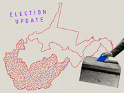 Editorial illustration showing a stylized map outline filled with red and blue arrow icons next to a black-and-white photo of a hand inserting a blue ballot into a ballot box, labeled Election Update.