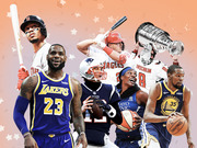 Collage illustration of multiple sports stars including LeBron James, Tom Brady, Kevin Durant, Alex Ovechkin, and others against a peach background with stars.