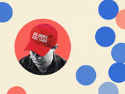 Editorial collage illustration of a person wearing a red Make America Great Again cap, surrounded by blue and red circles on a cream background.