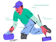 Colorful editorial illustration of a curling player in a lunge position releasing a stone on ice while holding a broom.