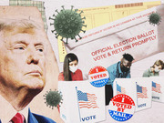 Editorial collage featuring Trump, COVID virus particles, mail-in ballot envelope, masked voters, and I Voted stickers illustrating 2020 election themes.