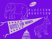 Purple editorial illustration featuring a Republican elephant, Democratic donkey, US Capitol dome, a Votes for Women pennant, and an I Voted sticker with the text Election Reaction.