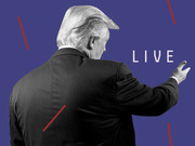 Editorial illustration showing a black-and-white figure of Donald Trump seen from behind against a purple background with red diagonal lines and the word LIVE.