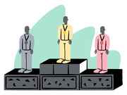 Editorial illustration of three figures wearing medals standing on a podium, representing first, second, and third place in a competition.