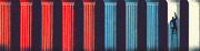 Editorial illustration showing red and blue columns with a figure on a ladder reaching toward a bright opening, suggesting political themes.