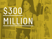 Editorial infographic showing $300 Million in large white text over a yellow-tinted collage of apparel brand imagery and models.