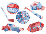 Editorial illustration of sports equipment including a hockey puck, stick, soccer ball, baseball bat, car, and football made from collaged US currency bills in red and blue.