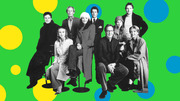 Black and white group photo of actors cut out and placed on a bright green background with yellow and blue polka dots, appearing to be the cast of Love Actually.