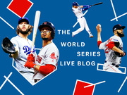 Promotional editorial graphic for The World Series Live Blog featuring cutout photos of four baseball players on a blue background with geometric shapes.