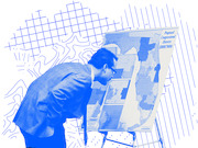 Blue-tinted editorial illustration of a man leaning in to examine a map of Proposed Congressional Districts on an easel, with abstract line art in the background.