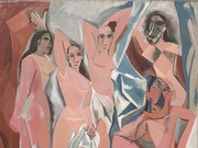 Picasso's Les Demoiselles d'Avignon, a cubist painting depicting five angular nude figures in pink and earth tones.
