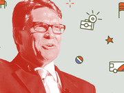 Editorial illustration of a man in a red suit with glasses overlaid on a light background with small campaign-themed icons like flags, cameras, and a campaign bus.