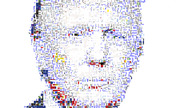 A mosaic portrait of a person's face composed of tiny text fragments, words, and small images arranged to form facial features.