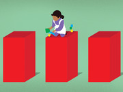 Editorial illustration of a small child playing with colorful building blocks on top of a tall red bar chart column, flanked by two other red columns.