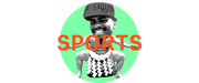 Collage editorial illustration of a smiling person with an oversized head wearing an Eagles cap, set against a green circle, with the word SPORTS in large orange text.