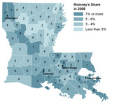 Choropleth map of Louisiana parishes showing Romney's share of the vote in 2008 by county, with values ranging from less than 3% to 7% or more.