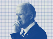 Blue-tinted editorial illustration of an older man in a suit with an American flag pin, shown in profile against a grid background.