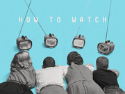 Retro editorial collage showing four people from behind watching vintage televisions displaying US election maps, with the text HOW TO WATCH on a teal background.